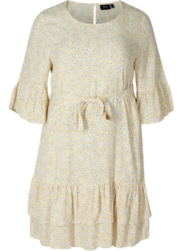 Mönstrad viskosklänning med knytband i midjan, Yellow AOP Flower, Packshot image number 0