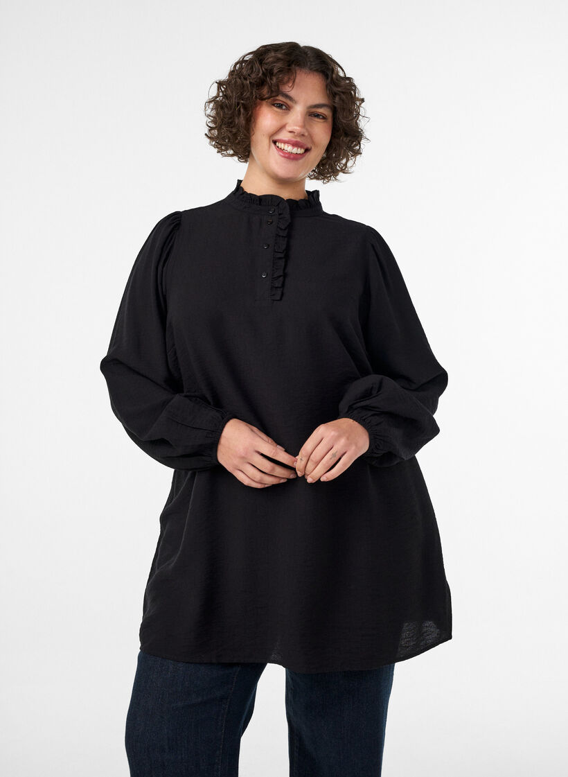 Tunika i viskos med volanger och knappar, Svart, Model image number 0