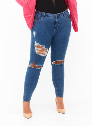 Kroppsnära jeans med slitdetaljer, Blue denim, Model image number 2