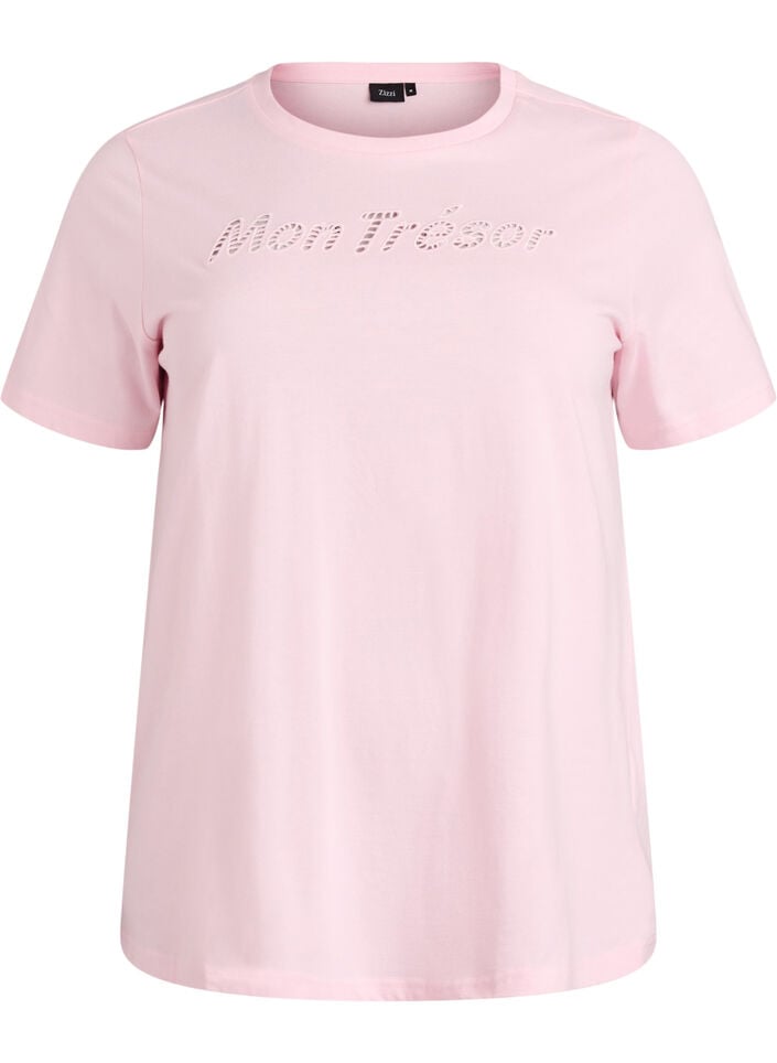 T-shirt i bomull med dekorativ detalj framtill, Rosa, Packshot image number 0