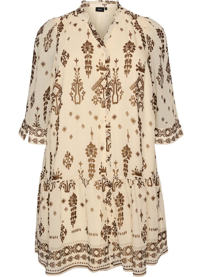 Kl&auml;nning med ornamenttryck och volangkrage, Beige, Packshot image number 0