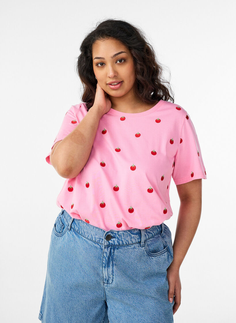 T-shirt i ekologisk bomull med broderade motiv, Rosa, Model image number 0