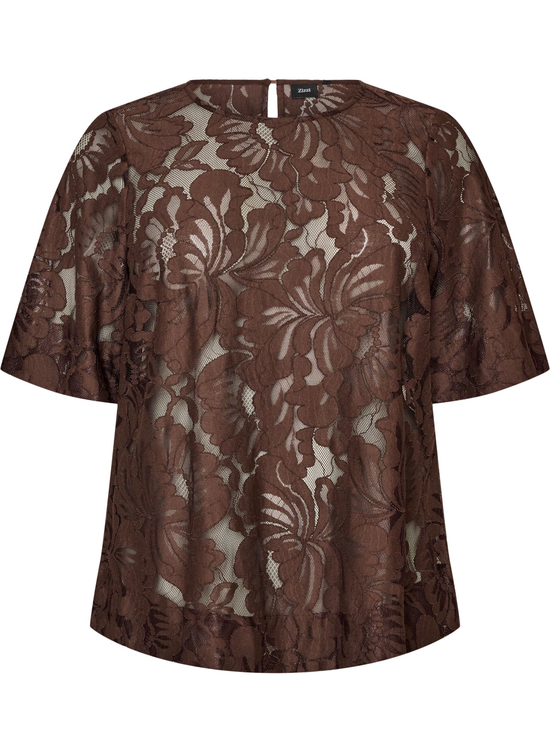 ZizziKort&auml;rmad blus i spets, Brun, Packshot image number 0