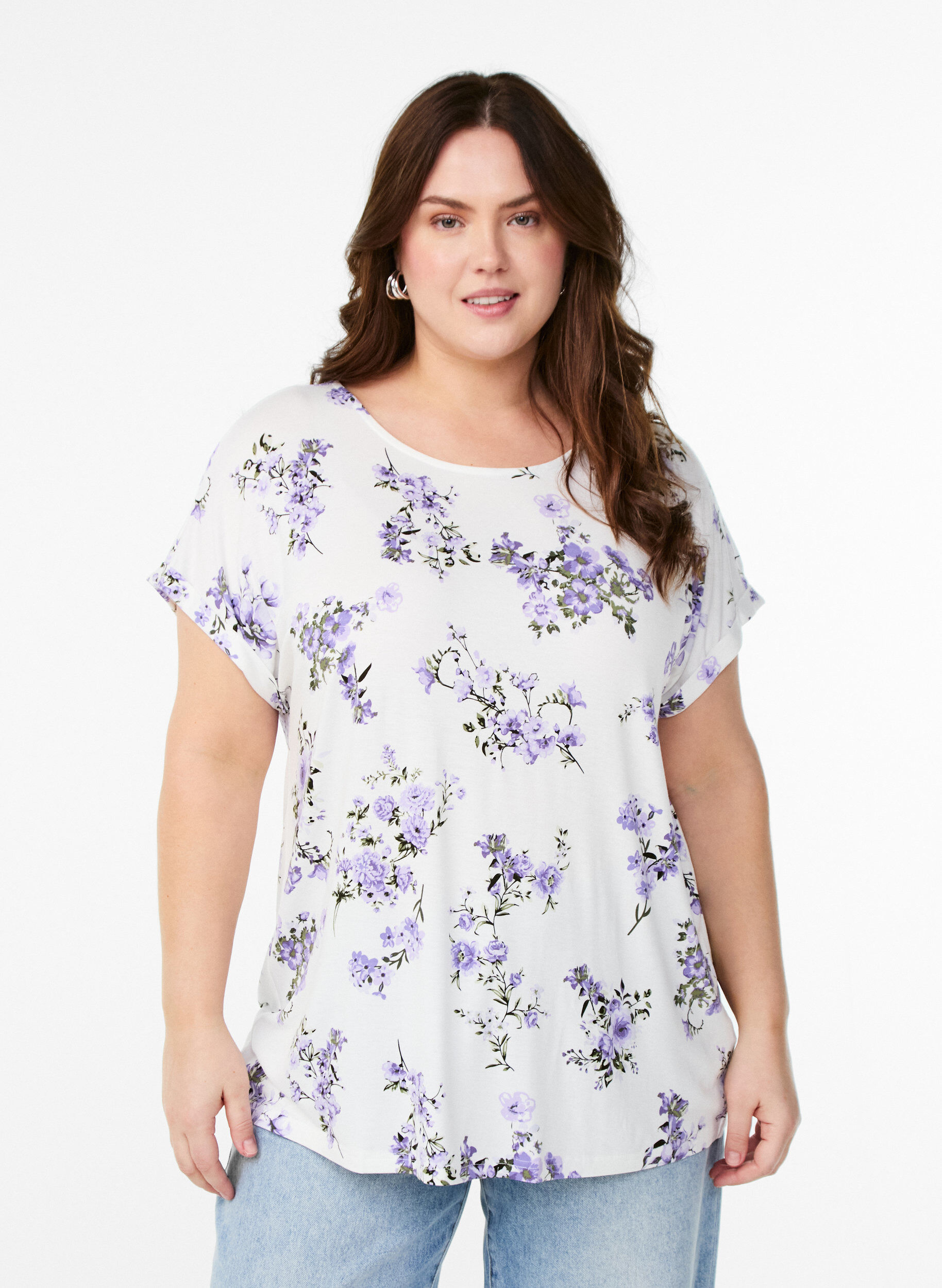 Zizzi T-shirt med blommigt tryck, Lila, Model image number 0