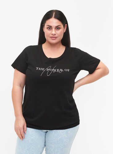 Kortärmad t-shirt i bomull med resårkant, Black W. Now, Model image number 0