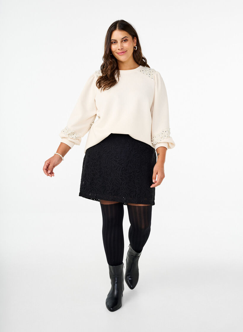 Sweatshirt med pärldetaljer, Buttercream, Model image number 3