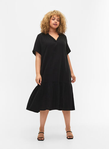 Midiklänning med korta ärmar i bomull, Black, Model image number 2