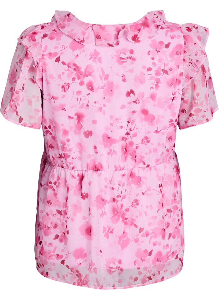 Blommig blus med volangkrage och peplumeffekt, Rosa, Packshot image number 1