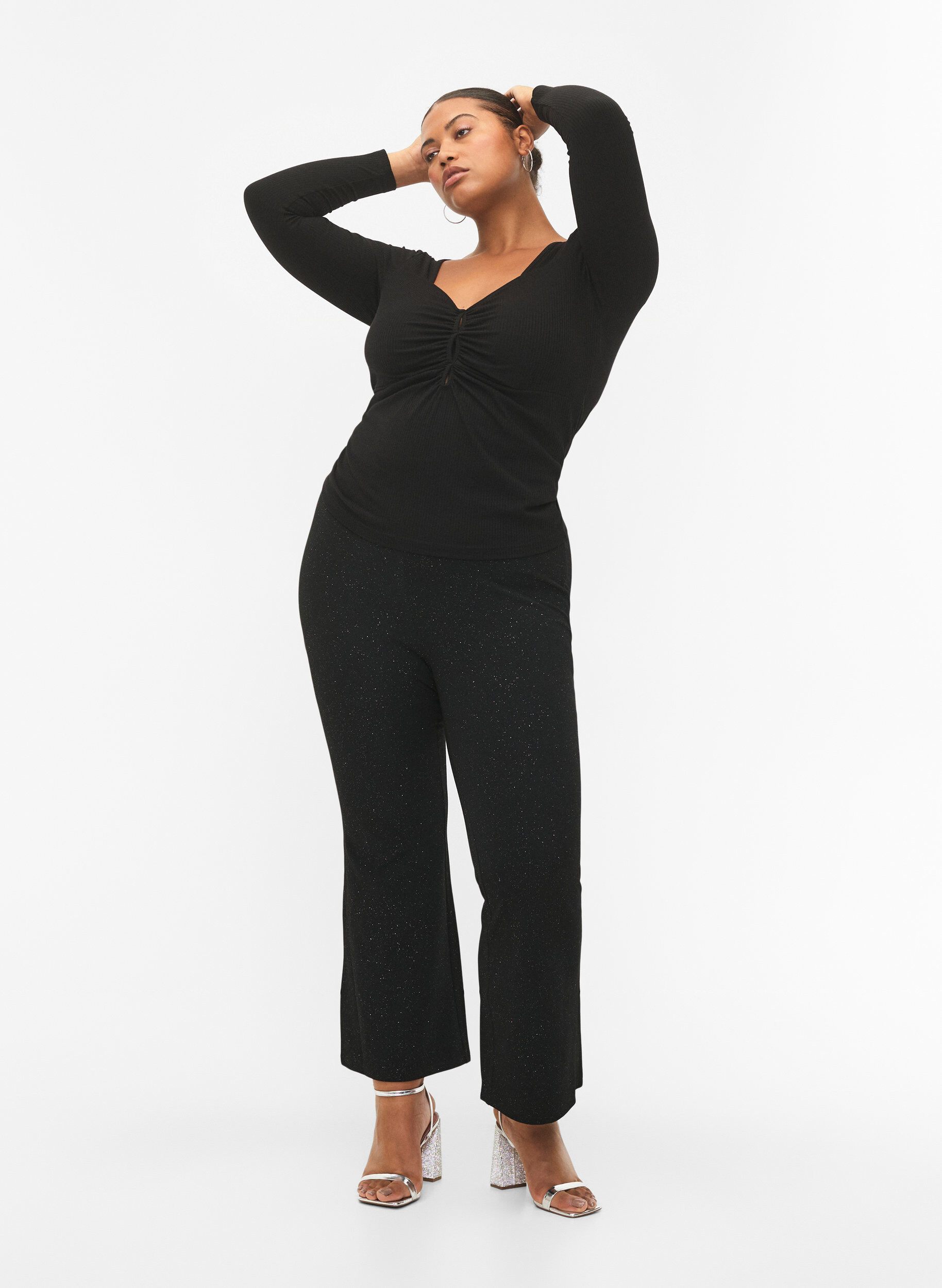 Zizzi Ribbad blus med h&aring;ldetalj, Black, Model image number 3