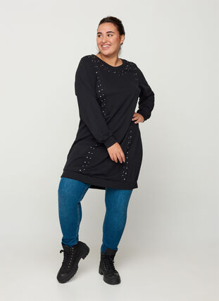 Klänning i sweatshirtmaterial med nitar, Black, Model image number 2