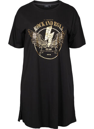 T-shirtklänning i bomull med mönster, Black w. Gold, Packshot image number 0