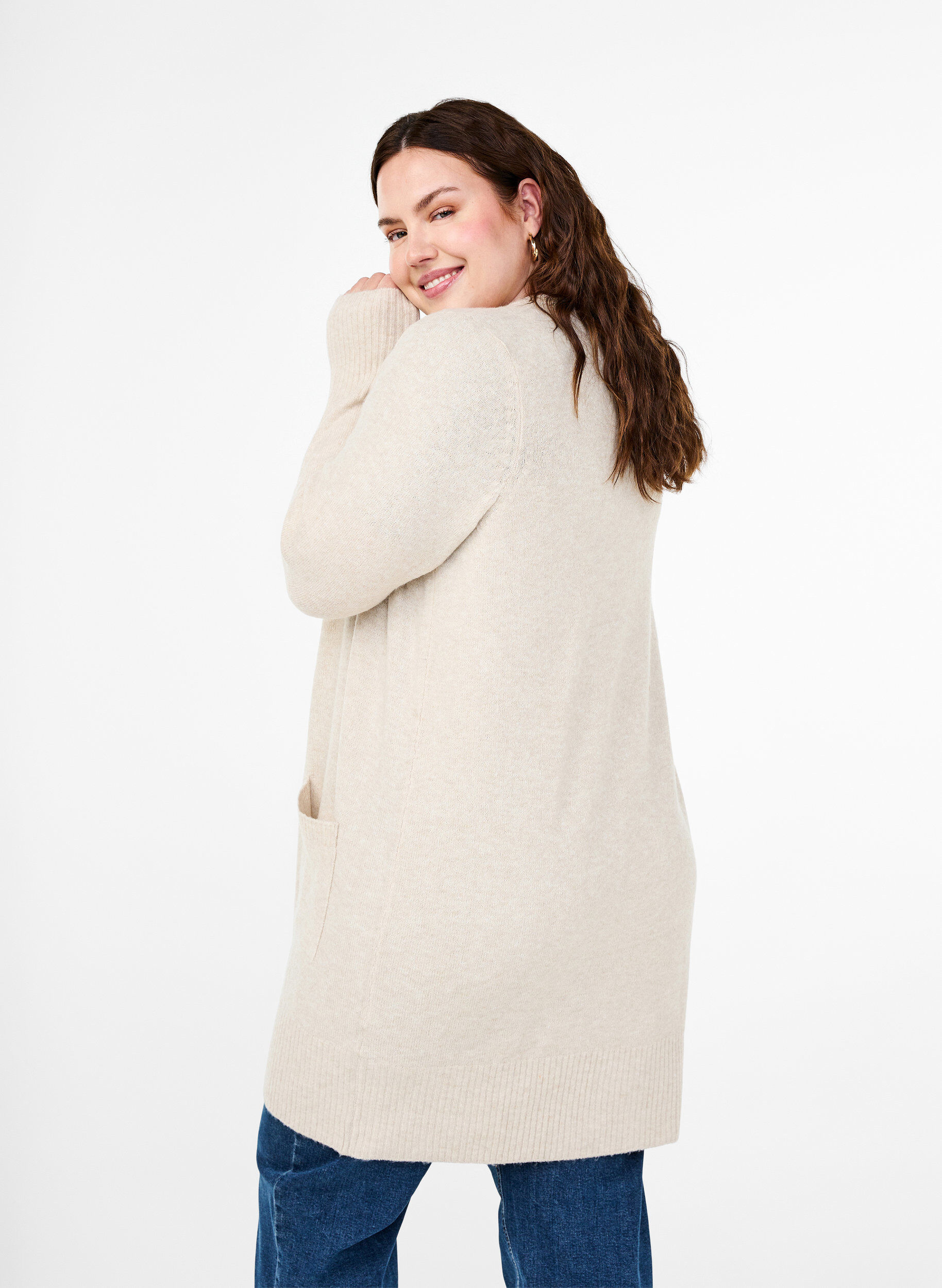 ZizziRibbstickad kofta med fickor, Beige, Model image number 2