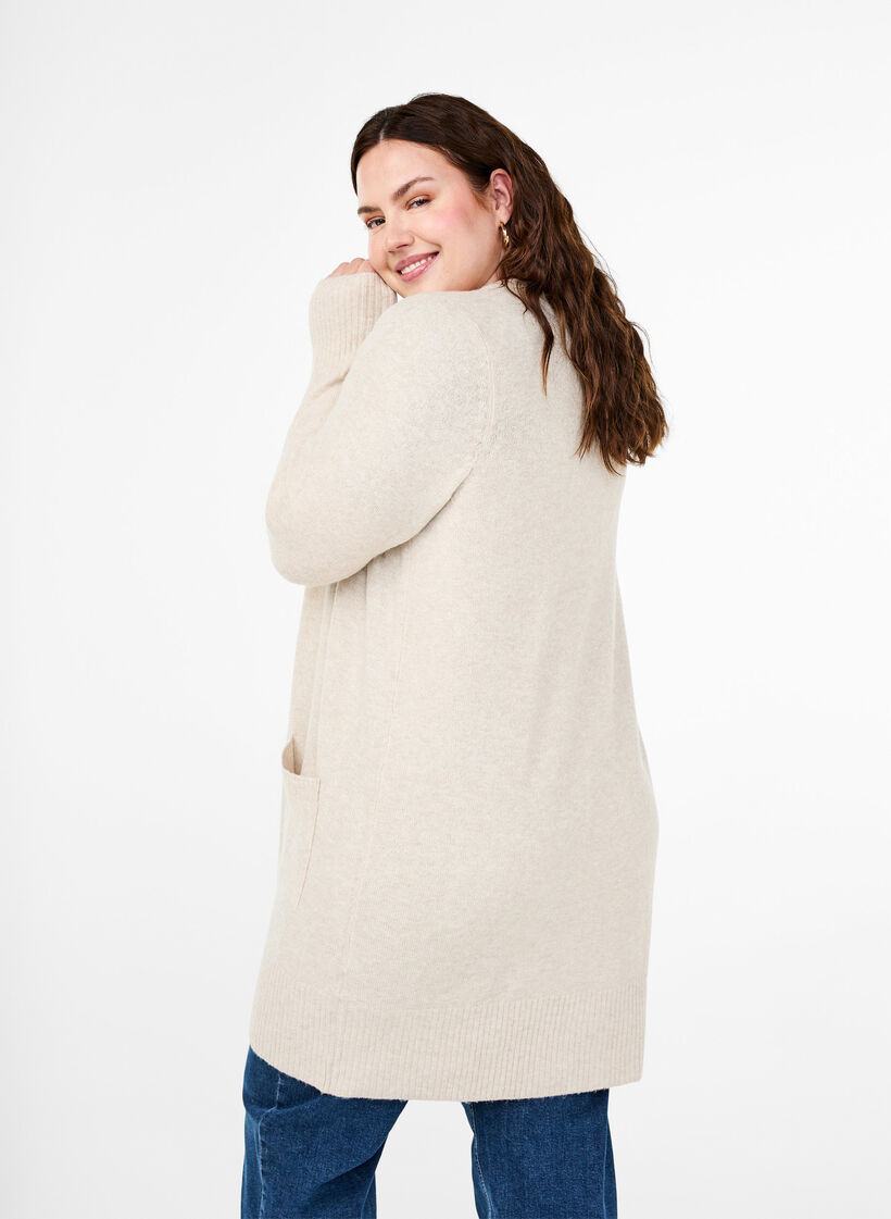 Ribbstickad kofta med fickor, Beige, Model image number 2
