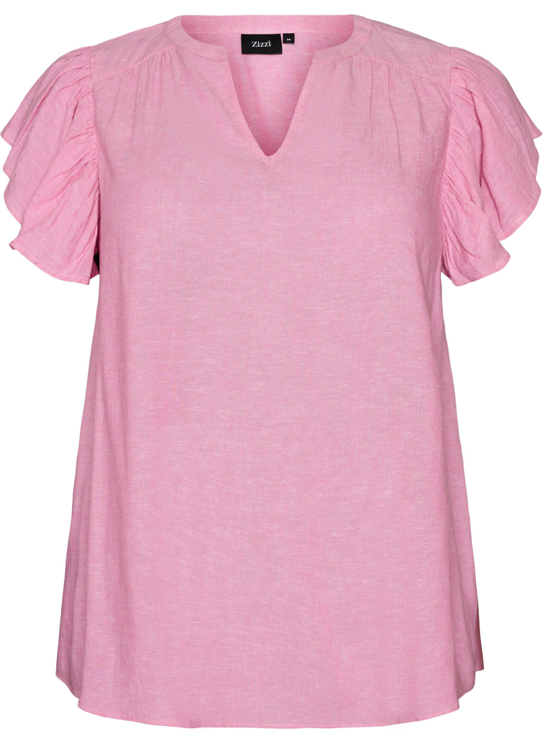 ZizziBlus i viskos och linne med volang&auml;rmar, Rosa, Packshot image number 0