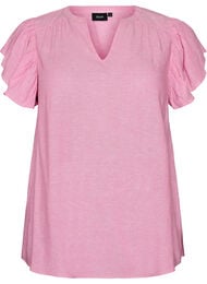 Blus i viskos och linne med volang&auml;rmar, Rosa