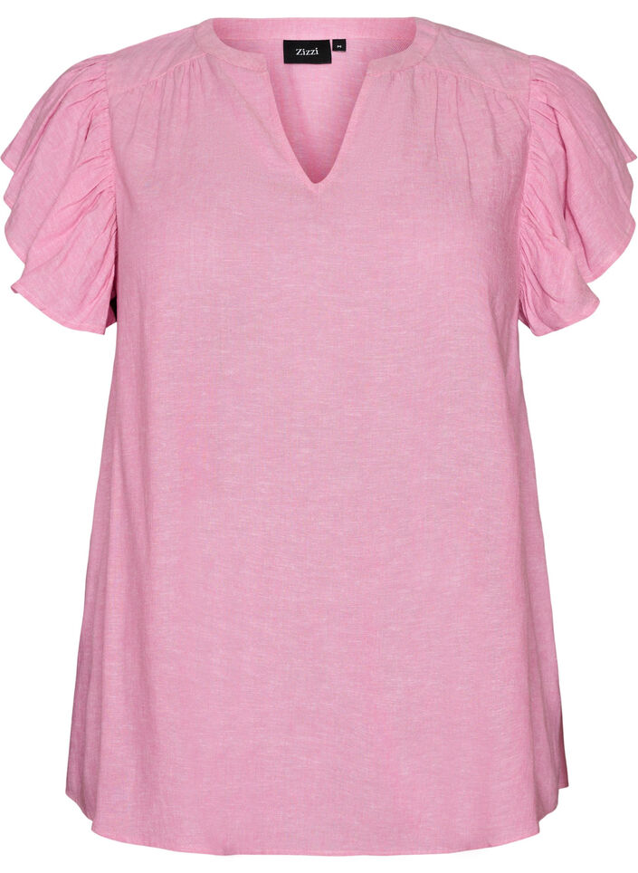 Blus i viskos och linne med volang&auml;rmar, Rosa, Packshot image number 0