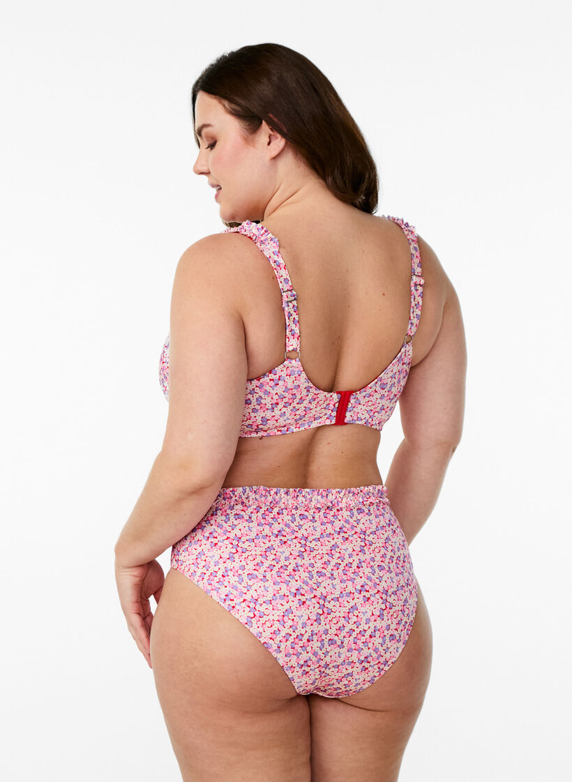 Randig tai-bikinitrosa med rynkad kant, Rosa, Model image number 1