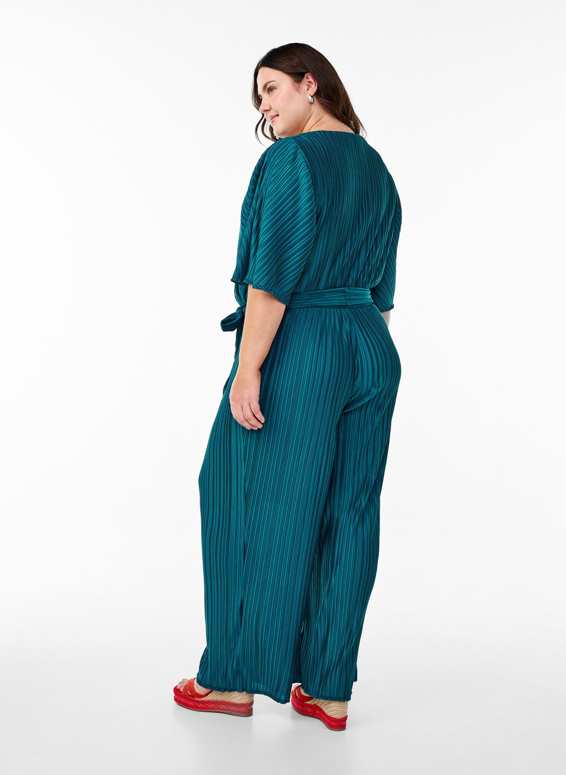 Zizzi Pl&auml;serad jumpsuit med knytsk&auml;rp och vida &auml;rmar, Bl&aring;, Model image number 1