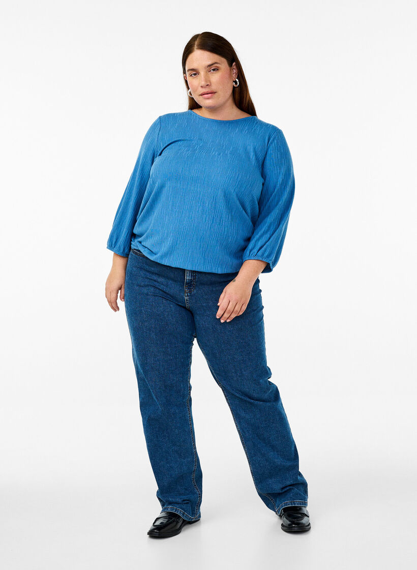Blus med struktur och 3/4-&auml;rmar, Bl&aring;, Model image number 1