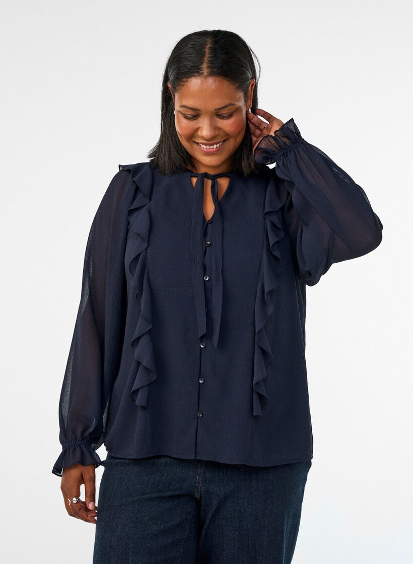 Skir blus med volanger och knytning, Bl&aring;, Model image number 0