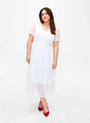 Festklänning med spets och empire-midja, Bright White, Model image number 0