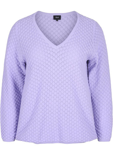 Stickad tröja med mönster och v-ringad hals, Lavender, Packshot image number 0