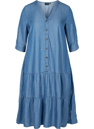 Midiklänning med knappar och 3/4 ärmar, Blue denim, Packshot image number 0
