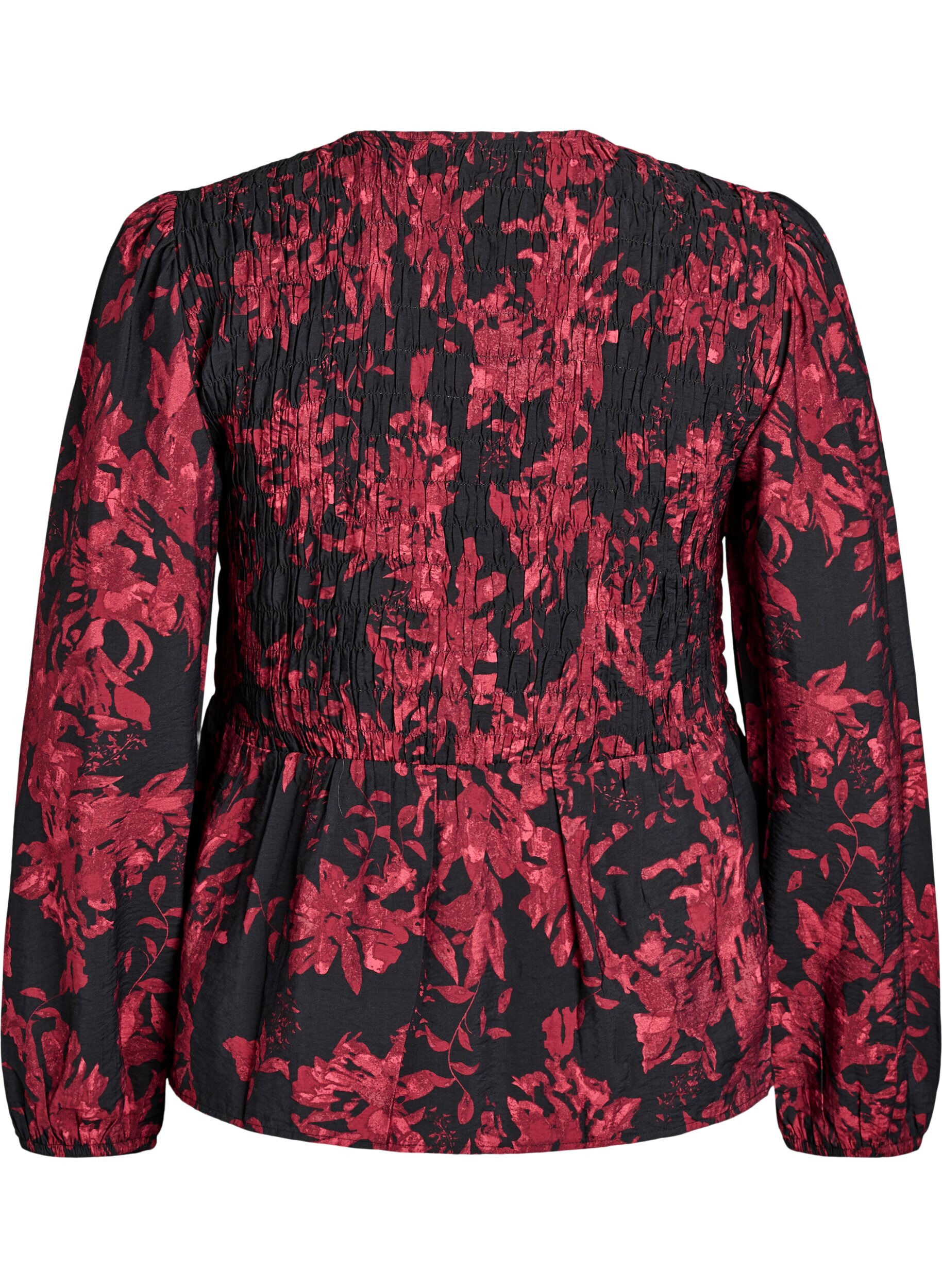 ZizziBlus med smock och l&aring;nga &auml;rmar, Svart, Packshot image number 1