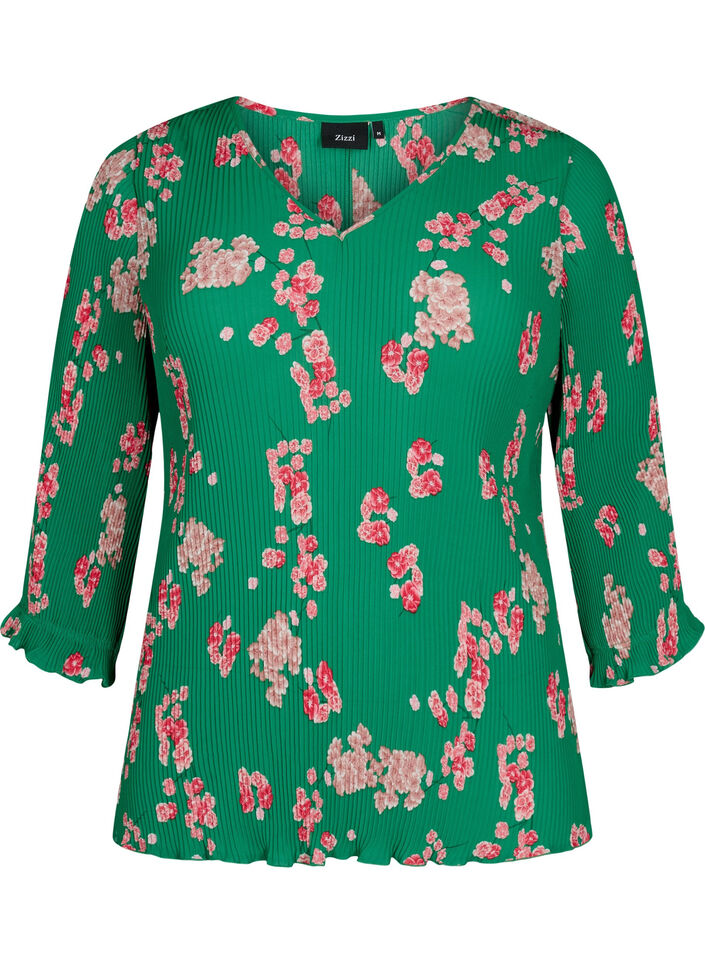 Plisserad blus med 3/4-ärmar, Jolly Green Flower, Packshot image number 0