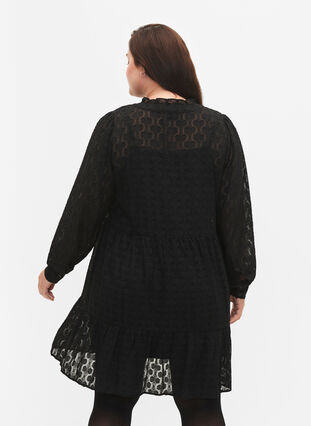 Jacquardklänning med volangkrage, Black, Model image number 1