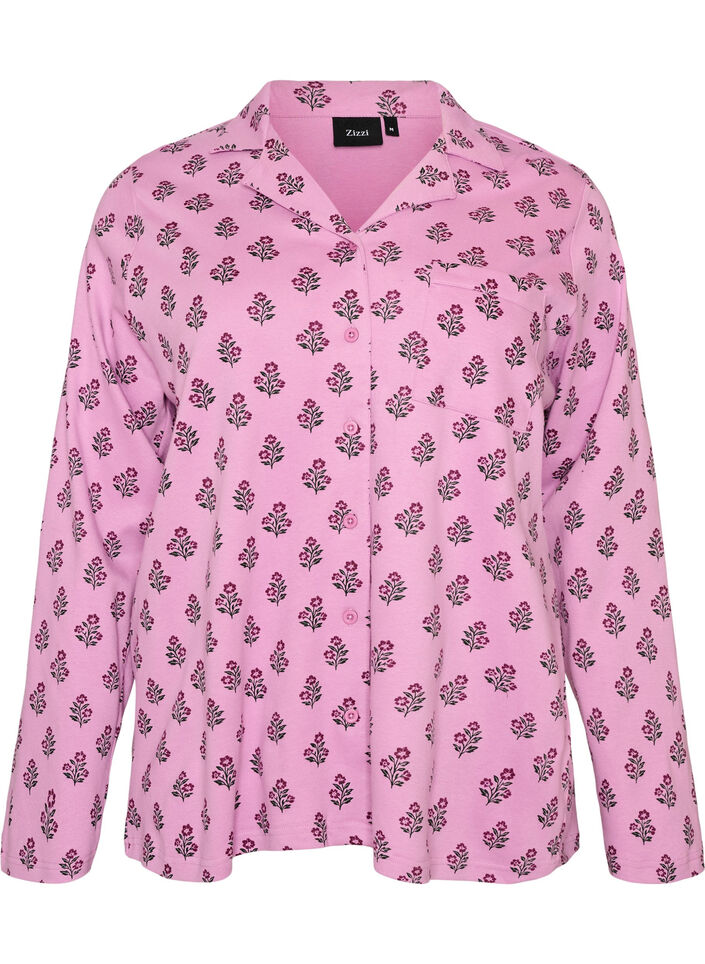 Pyjamasskjorta i bomull med br&ouml;stficka, Rosa, Packshot image number 0