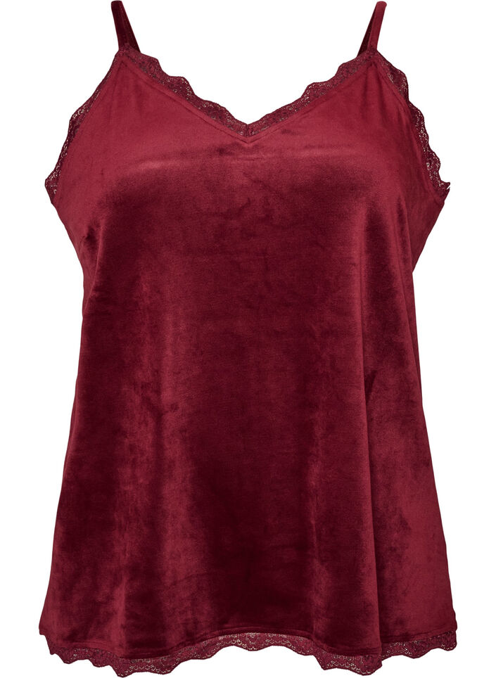 Topp i velour med spetskant, R&ouml;d, Packshot image number 0