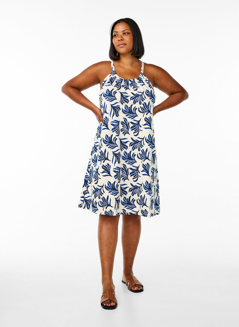 Midiklänning med axelband i ekologisk bomull, Vit, Model image number 1