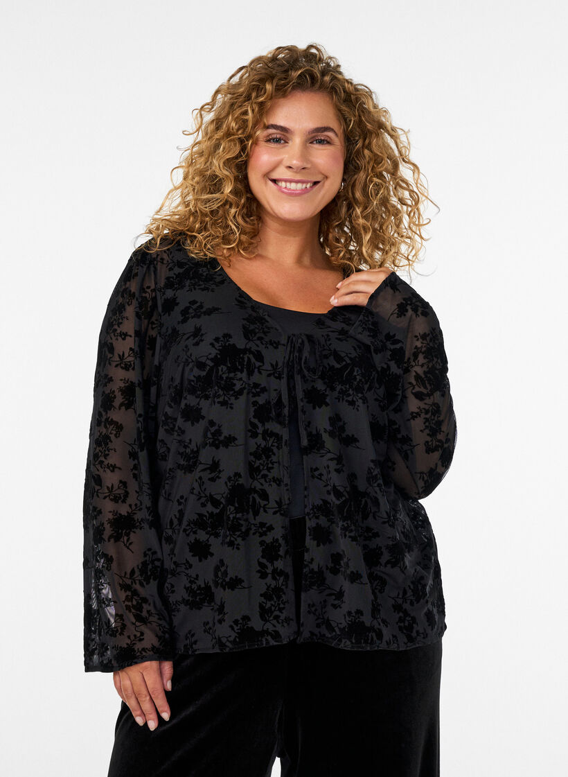 Meshblus med blomm&ouml;nster och &ouml;ppen front, Svart, Model image number 0