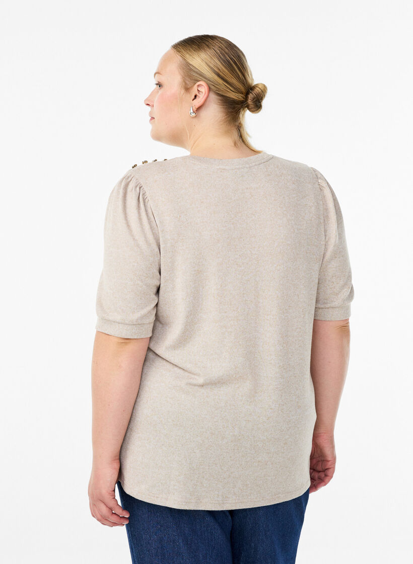 Blus med knappdetalj och korta puff&auml;rmar, Beige, Model image number 2