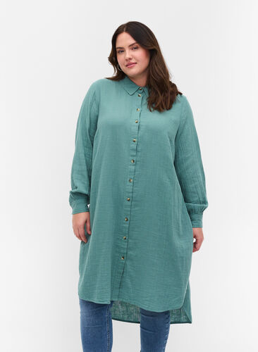 Lång bomullsskjorta med klassisk krage, Sagebrush Green, Model image number 0