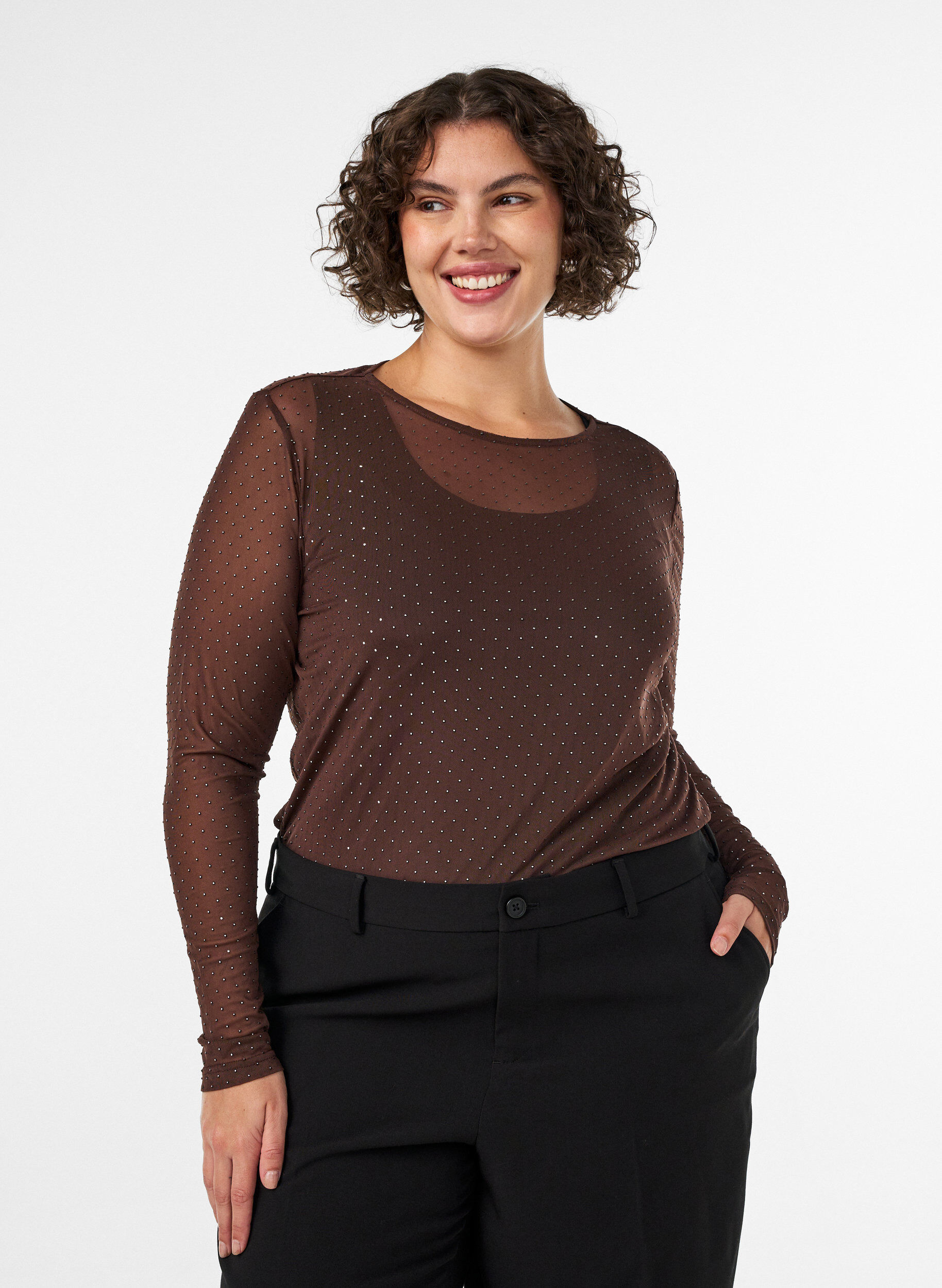 Blus i skir mesh med strass, Brun, Model