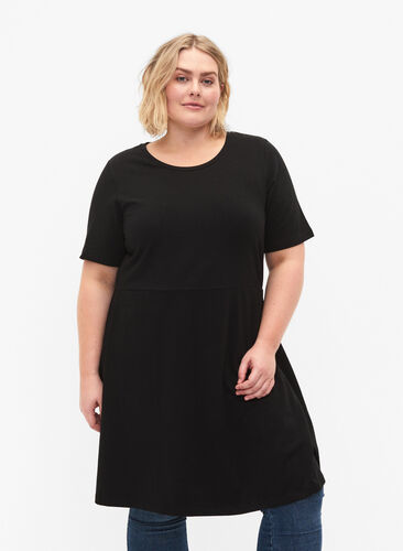 Enfärgad klänning i bomull med korta ärmar, Black, Model image number 0