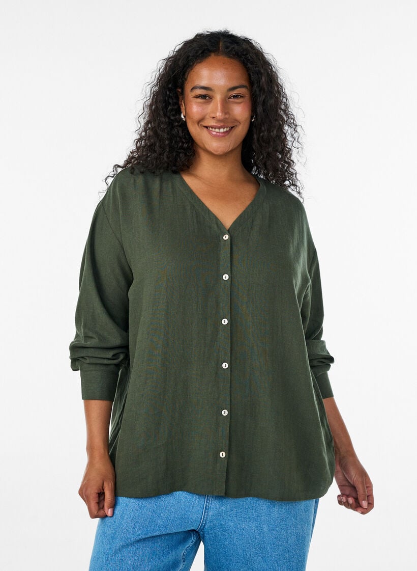 Blus i linne och viskos med v-ringning, Gr&ouml;n, Model image number 0