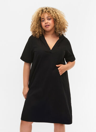 Huvklänning i bomullsblandning med linne, Black, Model image number 0