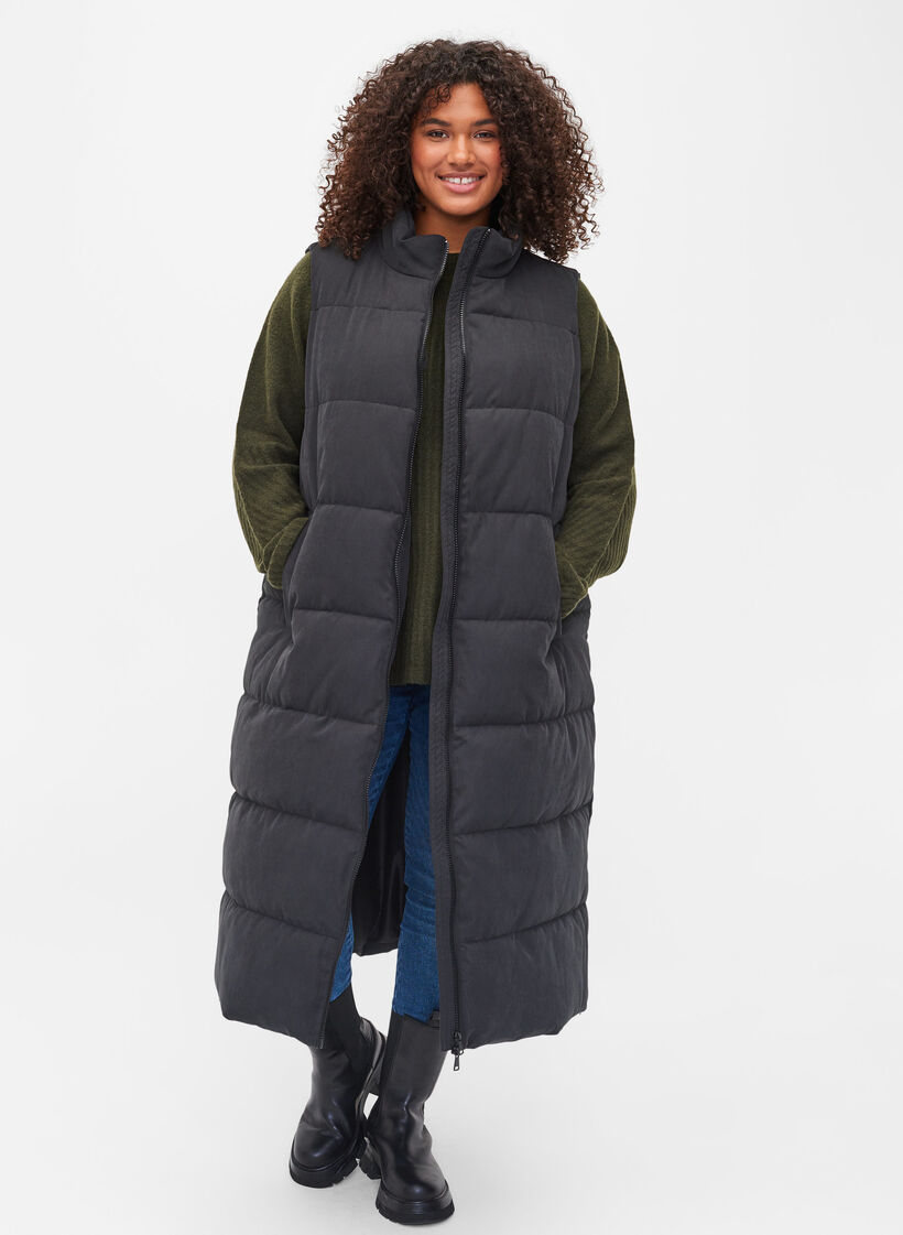 Lång väst med hög krage och fickor, Black, Model image number 0