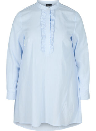 Randig bomullsskjorta med volanger, Blue Stripe, Packshot image number 0