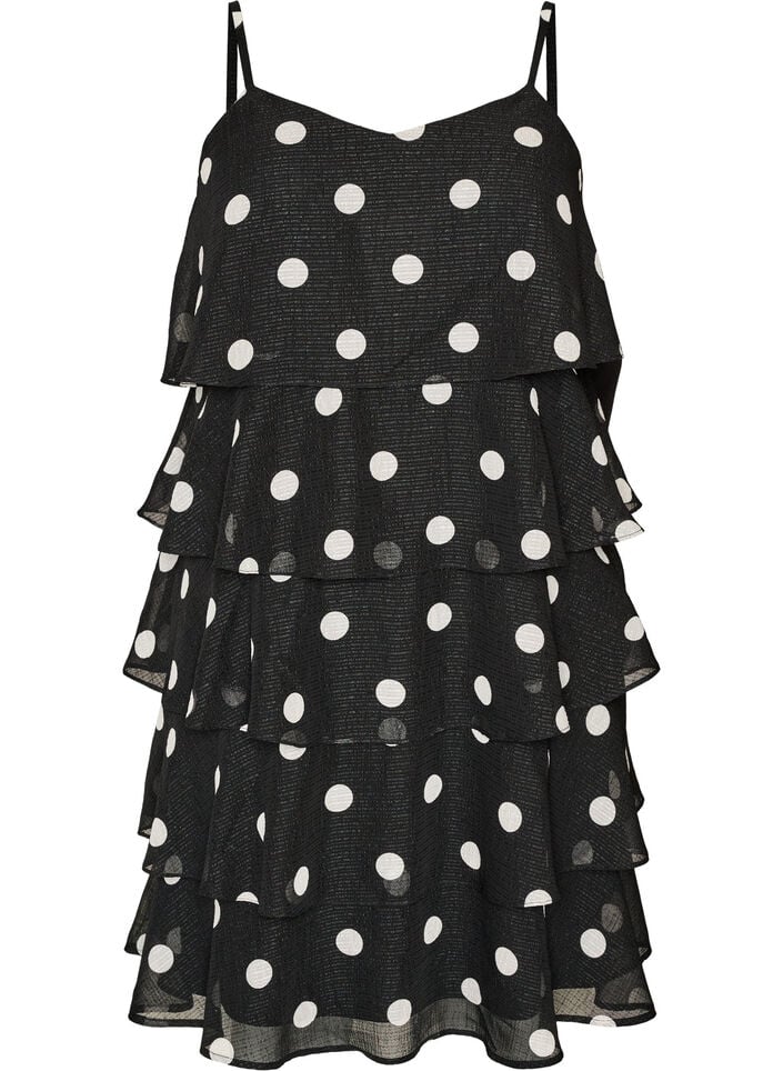 Kl&auml;nning i lager med volanger och spaghettiband, Svart, Packshot image number 0