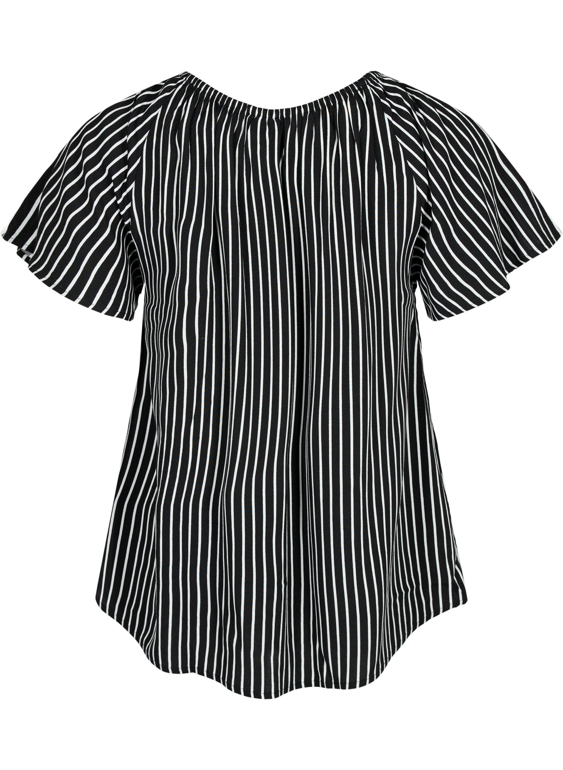 Zizzi Randig viskosblus med kort &auml;rm, Black/ White Stripe, Packshot image number 1
