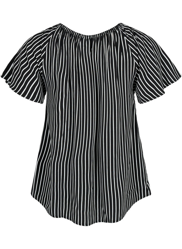 Randig viskosblus med kort ärm, Black/ White Stripe, Packshot image number 1