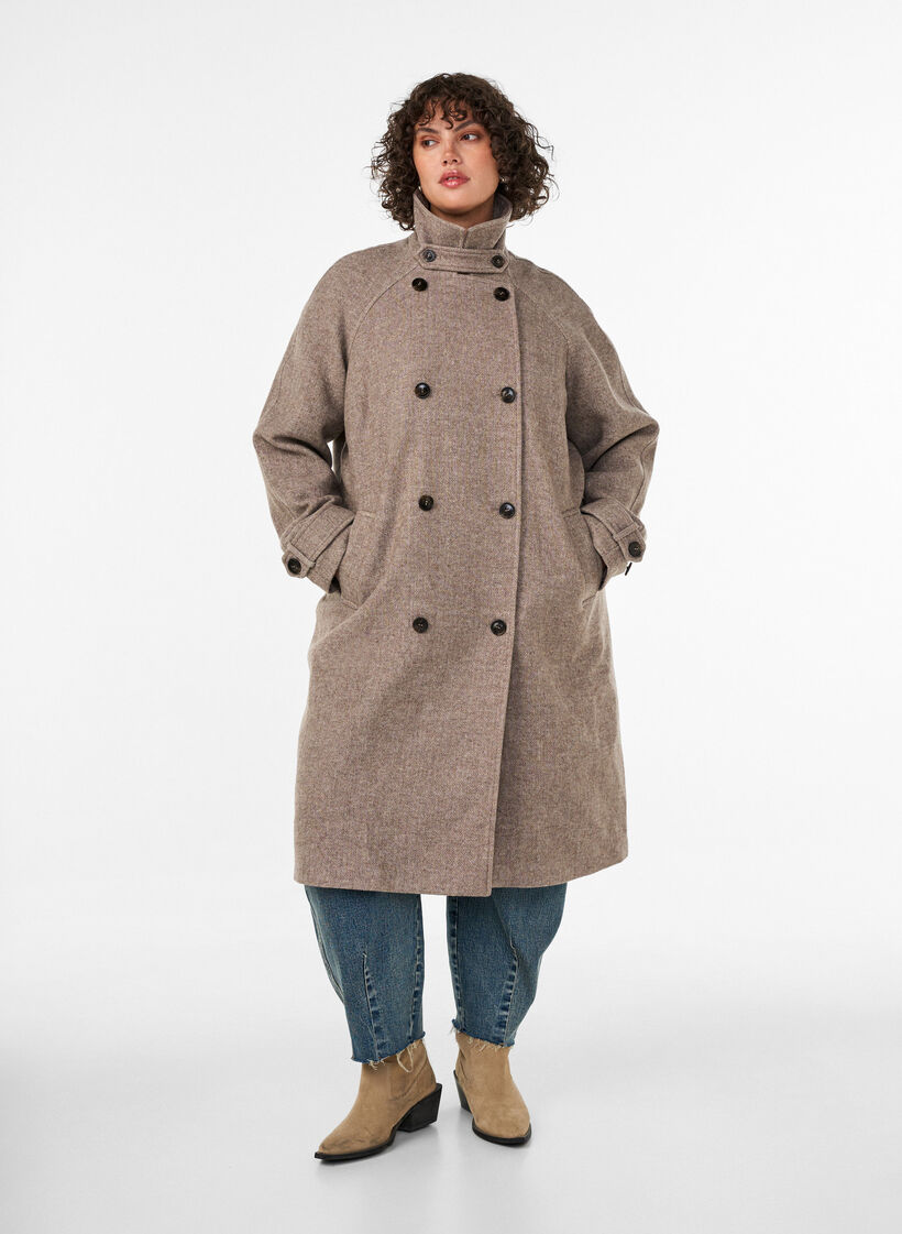 L&aring;ng ullkappa med h&ouml;g krage och dubbelkn&auml;ppning, Brun, Model image number 0
