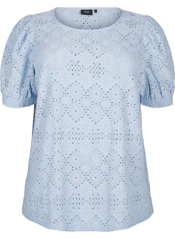 Kortärmad blus med spetsmönster, Cashmere Blue, Packshot image number 0
