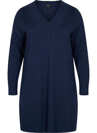 Stickad klänning med v-ringad hals och långa ärmar, Navy Blazer, Packshot image number 0