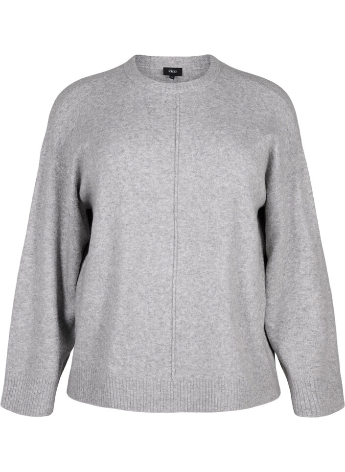 Stickad blus med rund halsringning och mittsöm, Light Grey Melange, Packshot image number 0