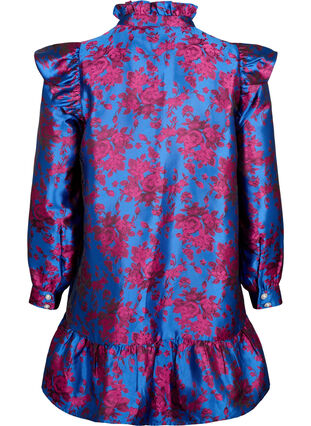 Klänning med volangdetalj och pärlknappar, Blue Quartz Jaquard, Packshot image number 1
